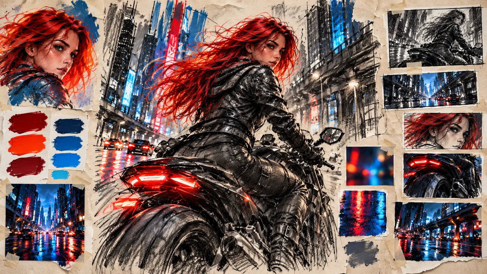 Concept sketches, colors, and camera references for a red-haired rider in a neon city