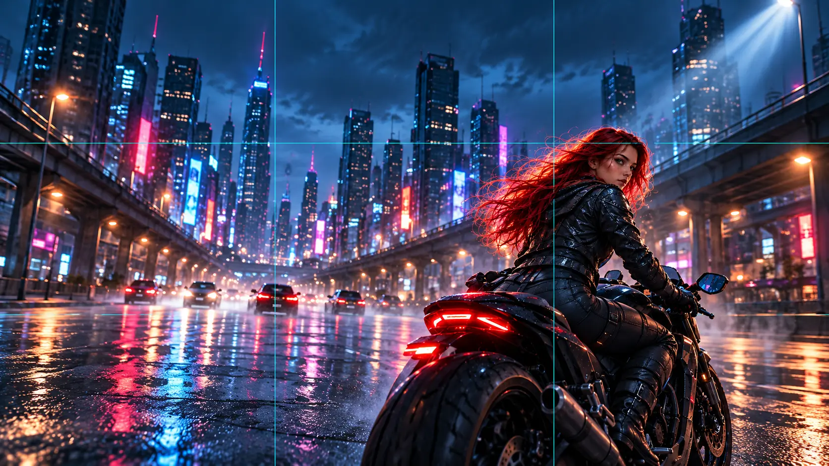 First generated rider image with subtle composition guides and lighting direction